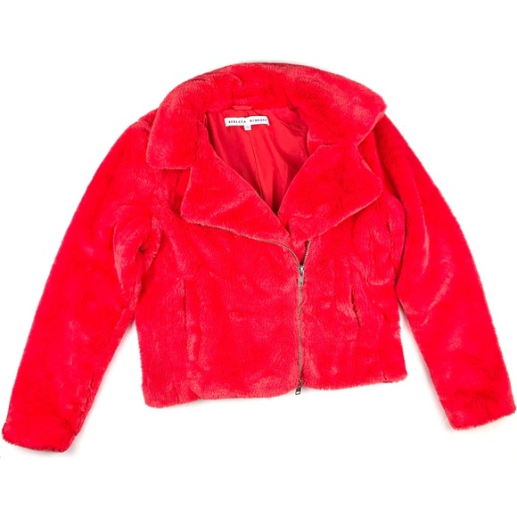 Rebecca Minkoff red faux fur bomber jacket size S - Picture 1 of 4